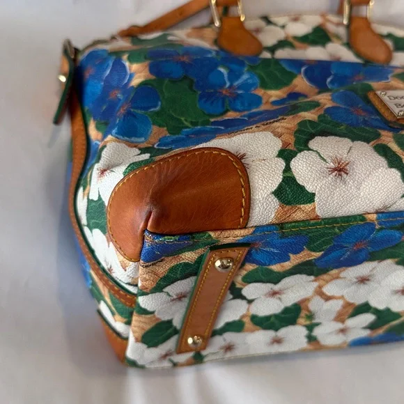 Dooney & Bourke Pansy Domed Satchel Yellow Blue Tan White Floral Leather - Picture 8 of 14